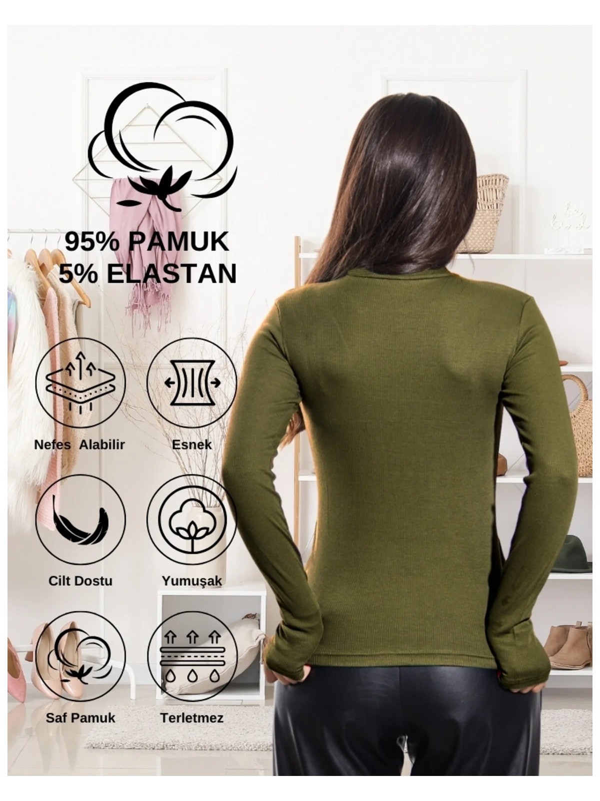 Alya Underwear Kaşkorse Yarım Boğazlı Body Sweatshirt, Asker Yeşili - Görsel 3