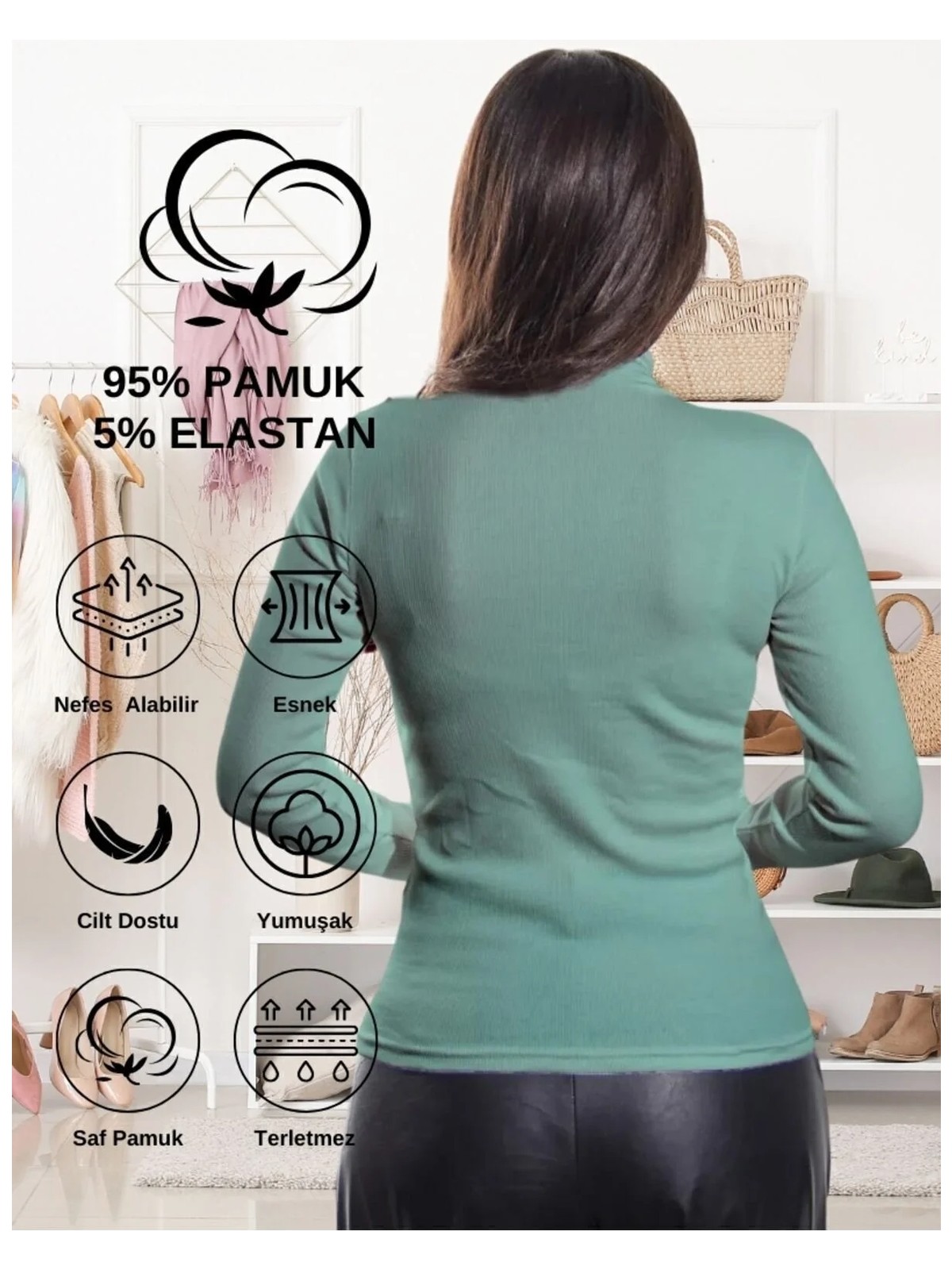 Alya Underwear Kaşkorse Yarım Boğazlı Body Sweatshirt, Okaliptus - Görsel 3