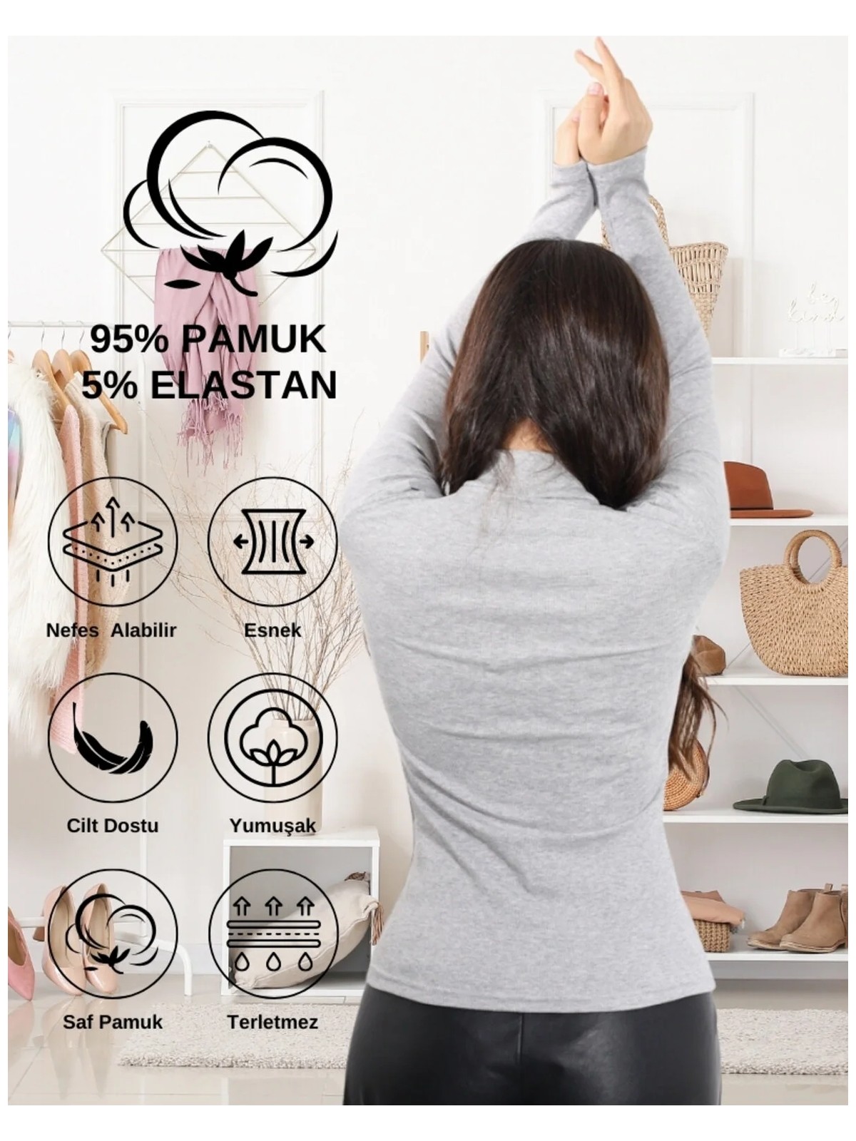 Alya Underwear Kaşkorse Yarım Boğazlı Body Sweatshirt, Gri Melanj - Görsel 3