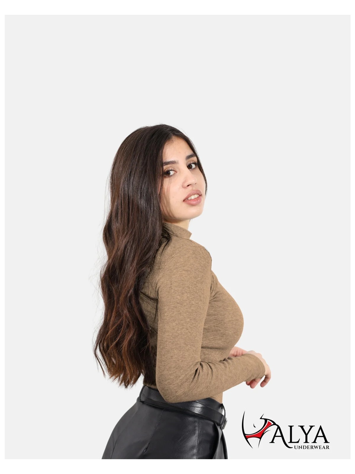 Alya Underwear Kaşkorse Yarım Boğazlı Body Sweatshirt, Kahve Melanj