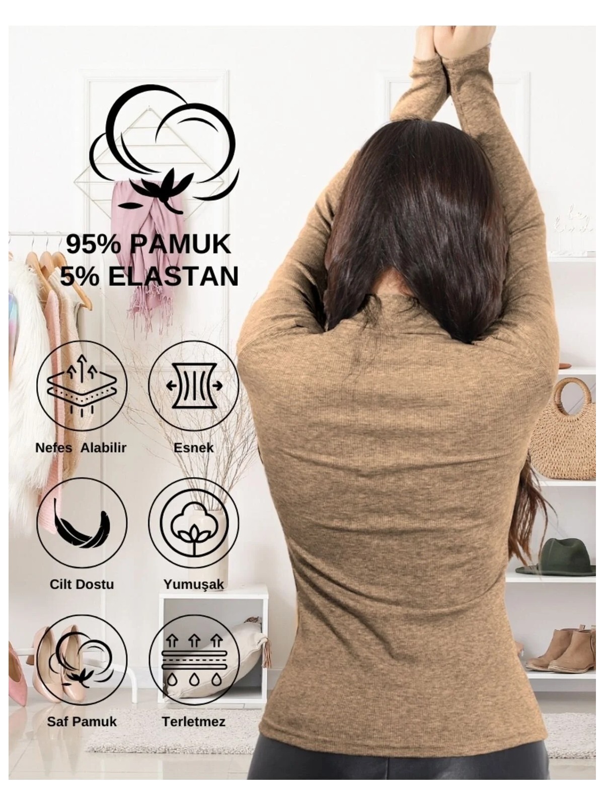 Alya Underwear Kaşkorse Yarım Boğazlı Body Sweatshirt, Kahve Melanj - Görsel 3