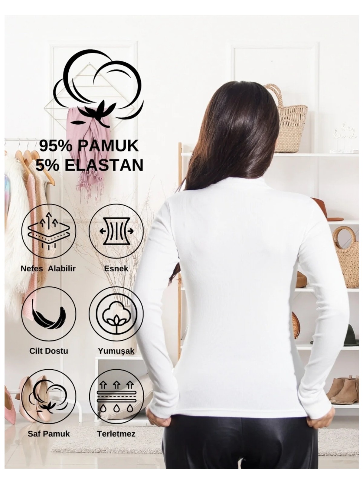 Alya Underwear Kaşkorse Yarım Boğazlı Body Sweatshirt, Beyaz - Görsel 3