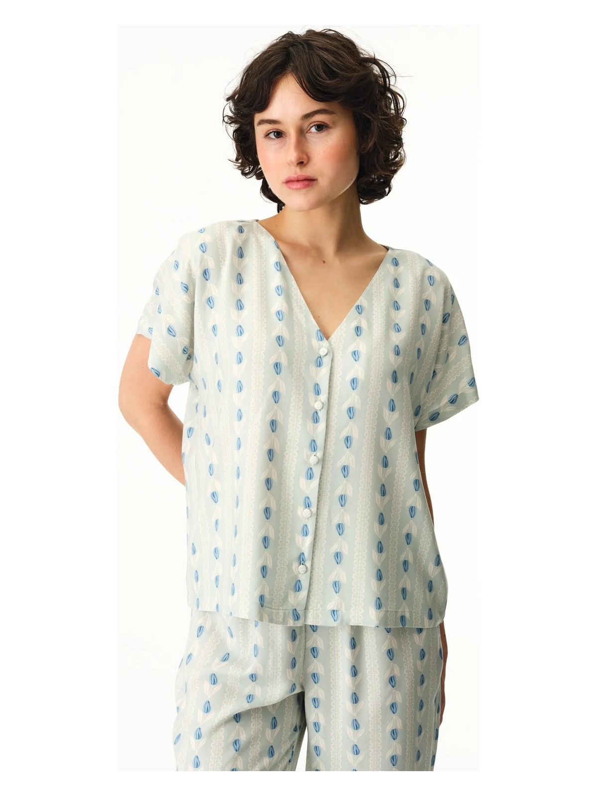 Penti Açık Yeşil Serenity Düğmeli Çizgili Gömlek Pantolon Pijama Takımı - Görsel 3