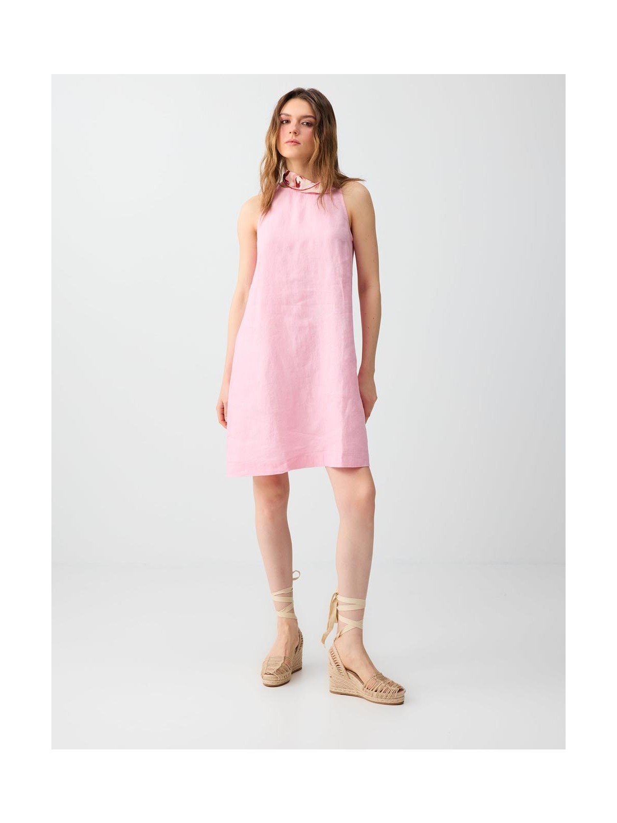 Jimmy Key Pembe %100 Keten Kolsuz Bisiklet Yaka Mini Elbise