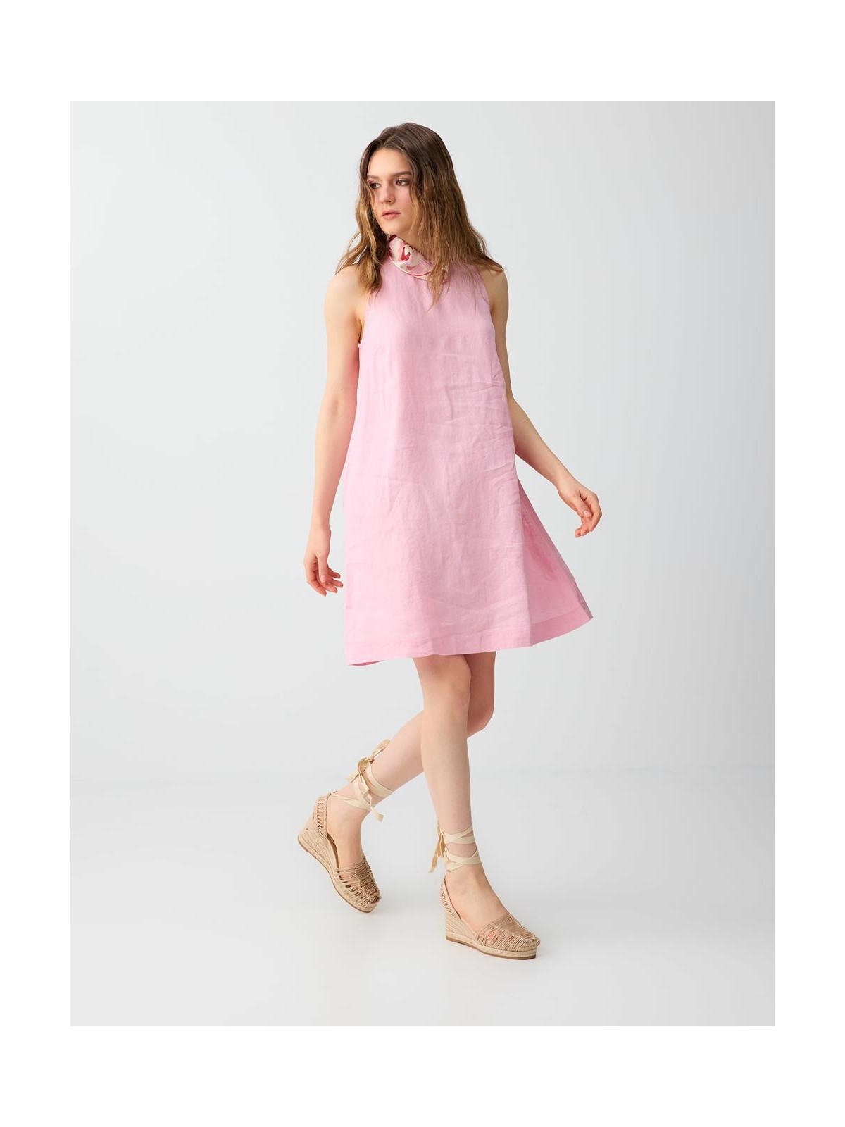 Jimmy Key Pembe %100 Keten Kolsuz Bisiklet Yaka Mini Elbise - Görsel 2