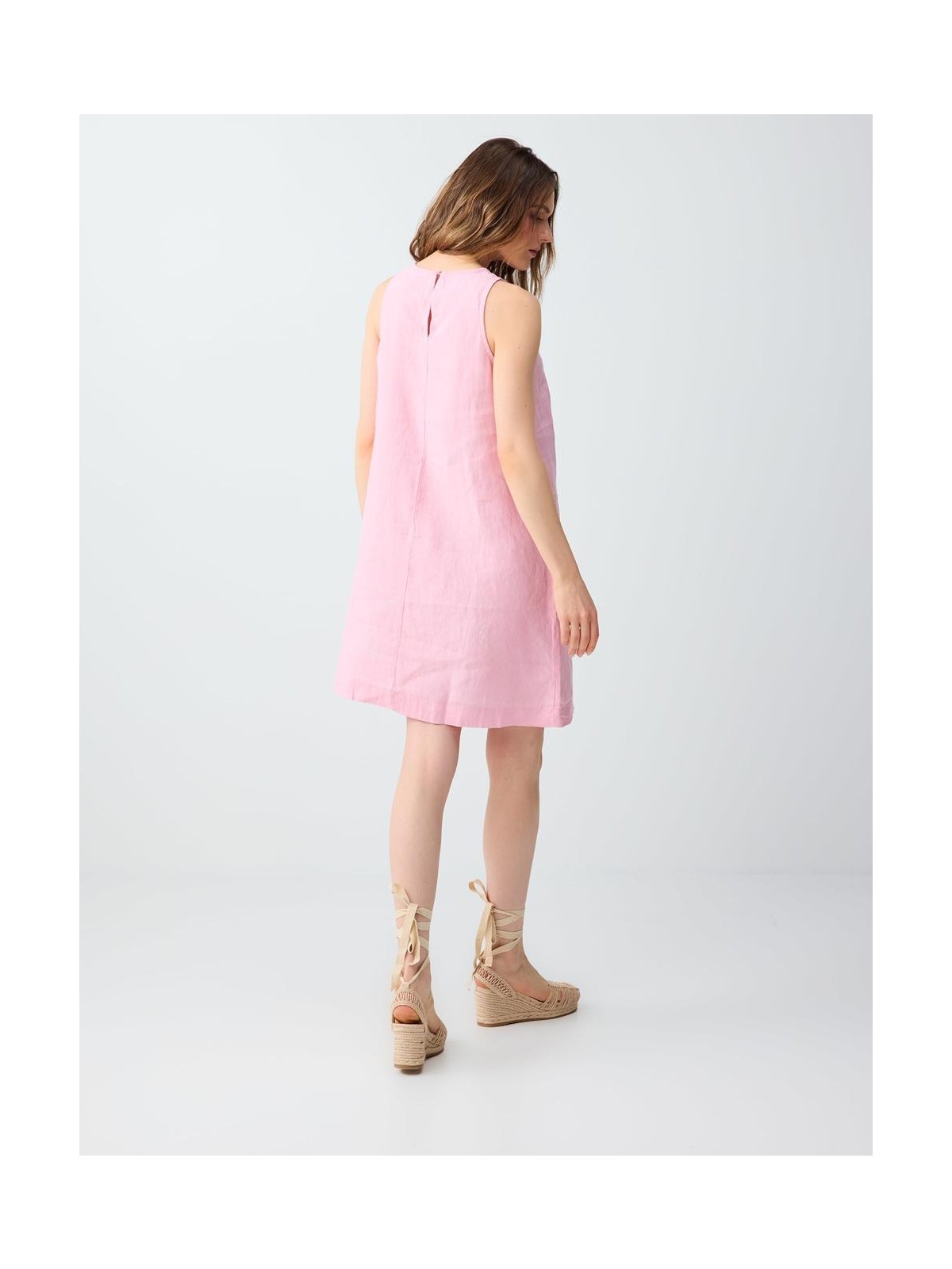 Jimmy Key Pembe %100 Keten Kolsuz Bisiklet Yaka Mini Elbise - Görsel 4