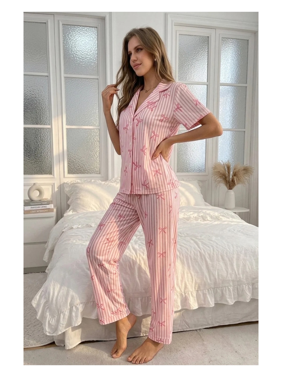 Bella Notte Pembe Soft Fiyonk Desenli Yazlık Pijama Takımı - Görsel 2