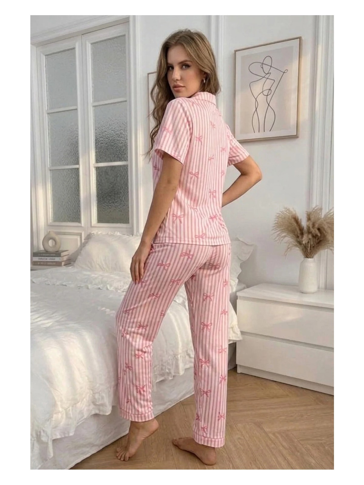 Bella Notte Pembe Soft Fiyonk Desenli Yazlık Pijama Takımı - Görsel 4