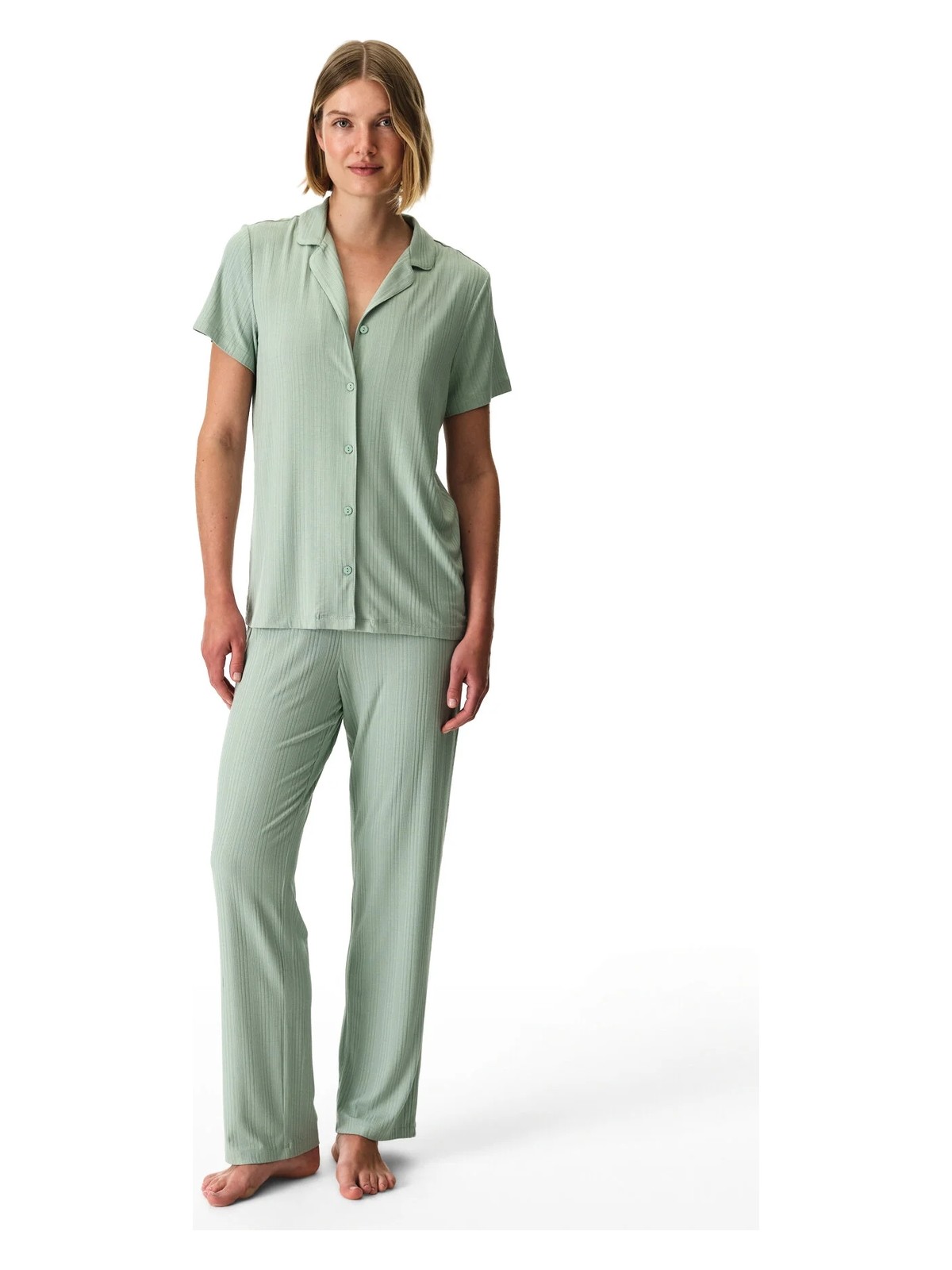 Penti Açık Yeşil Alia Green Rib Düğmeli Gömlek Pantolon Pijama Takımı - Görsel 4