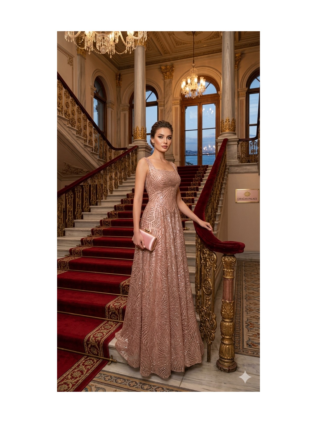Uzer Işıltılı Simli Jacquard Dokulu Kare Yaka Couture Premium Abiye Elbise