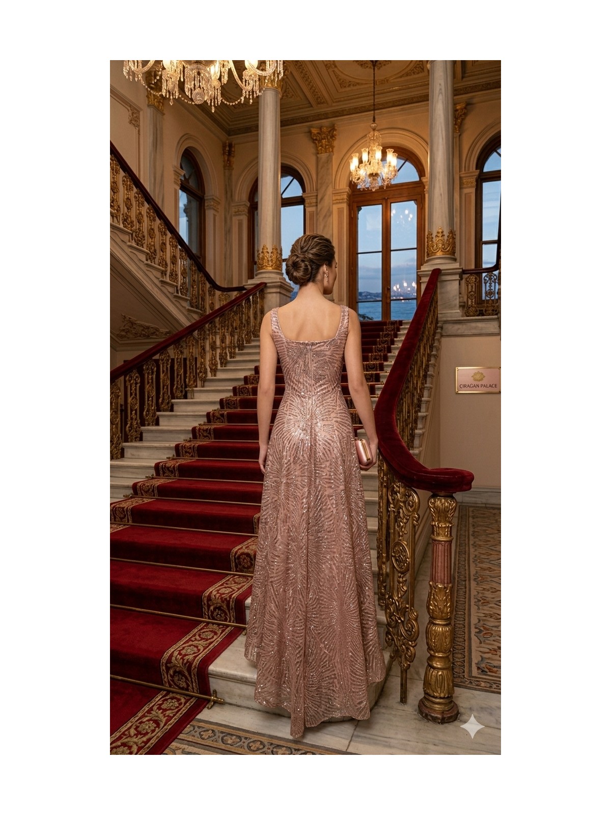 Uzer Işıltılı Simli Jacquard Dokulu Kare Yaka Couture Premium Abiye Elbise - Görsel 2