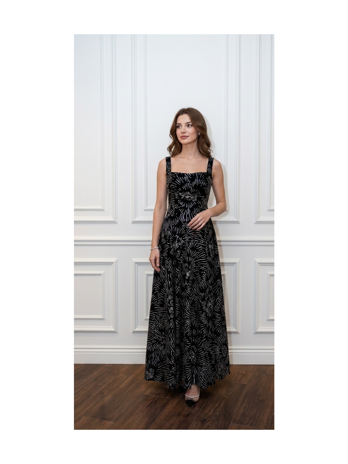 Uzer Işıltılı Simli Jacquard Dokulu Kare Yaka Couture Premium Abiye Elbise - Görsel 5
