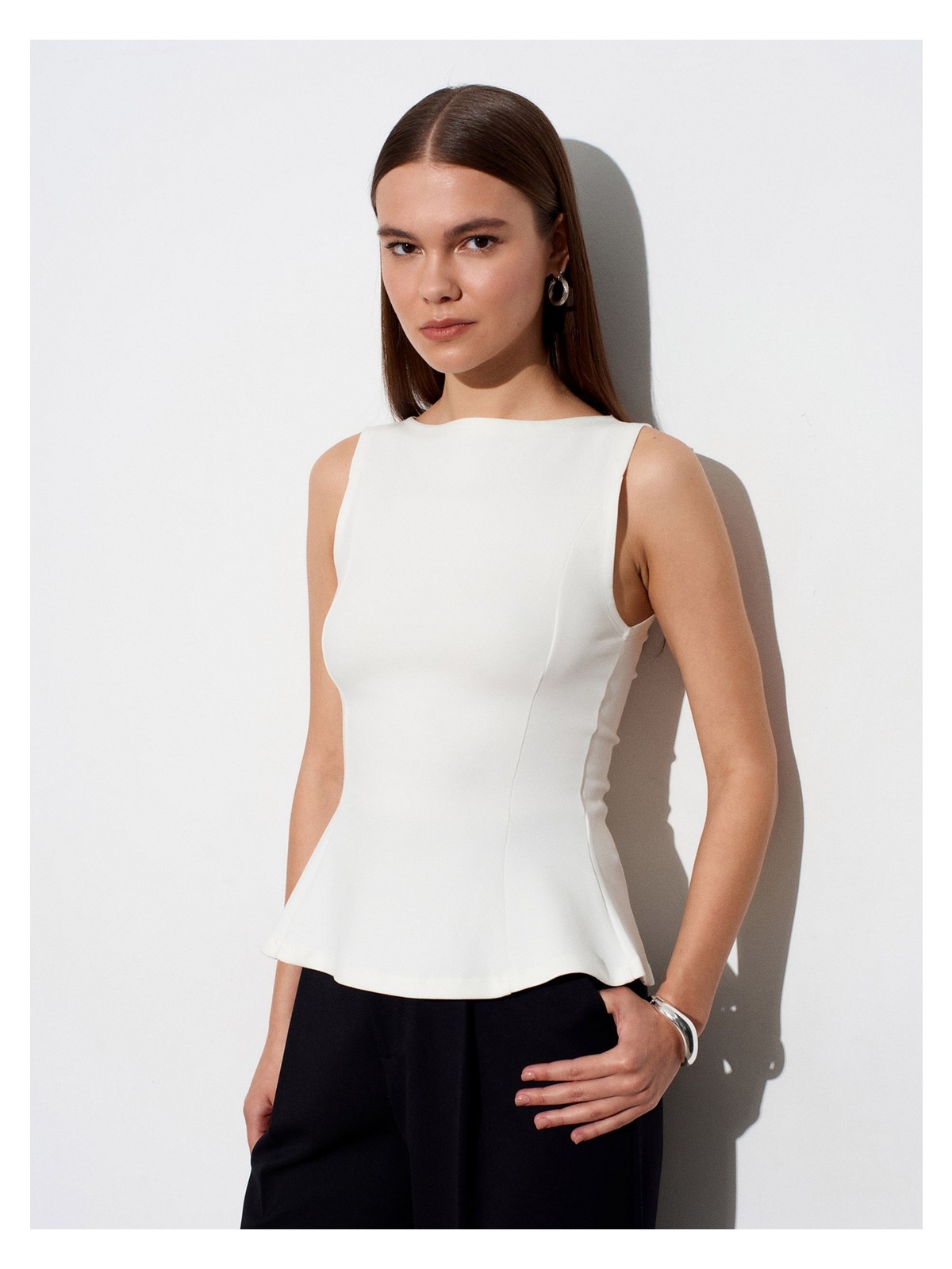 Dilvin 21001 Kayık Yaka Peplum Top-Ekru - Görsel 3