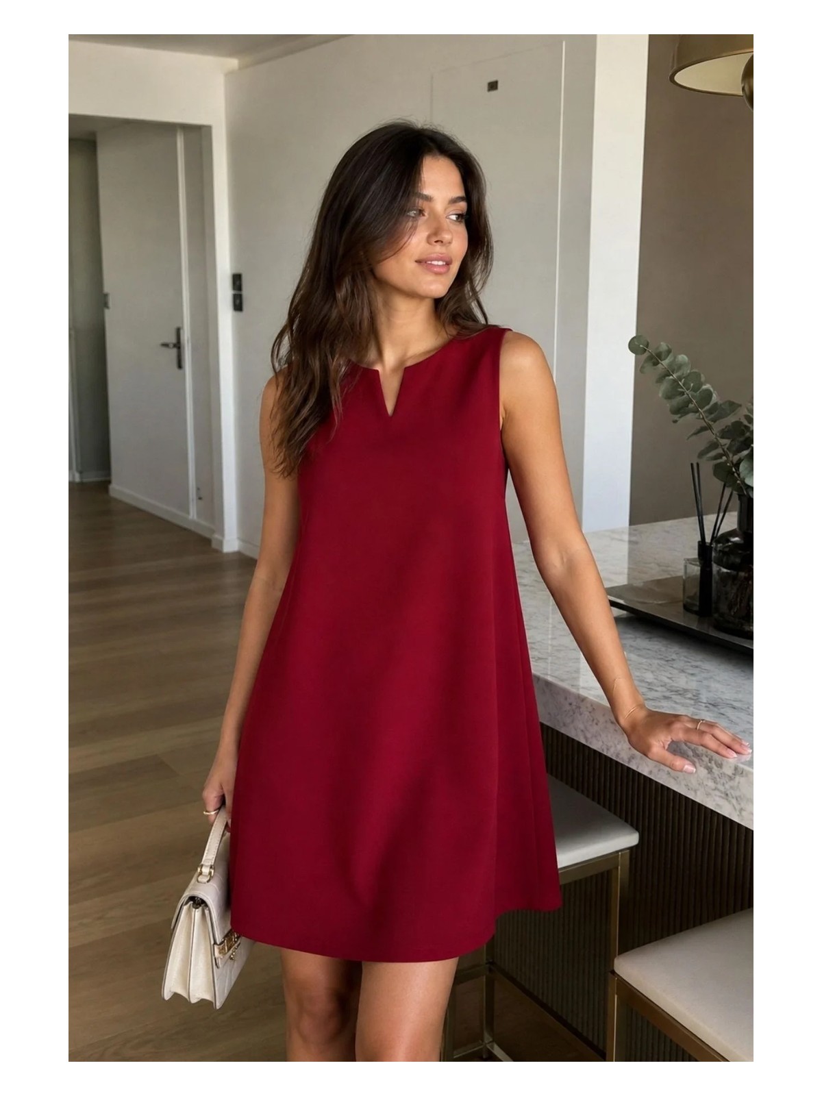Mossta Kadın Bordo V Yaka Kolsuz Rahat Kesim Mini Elbise