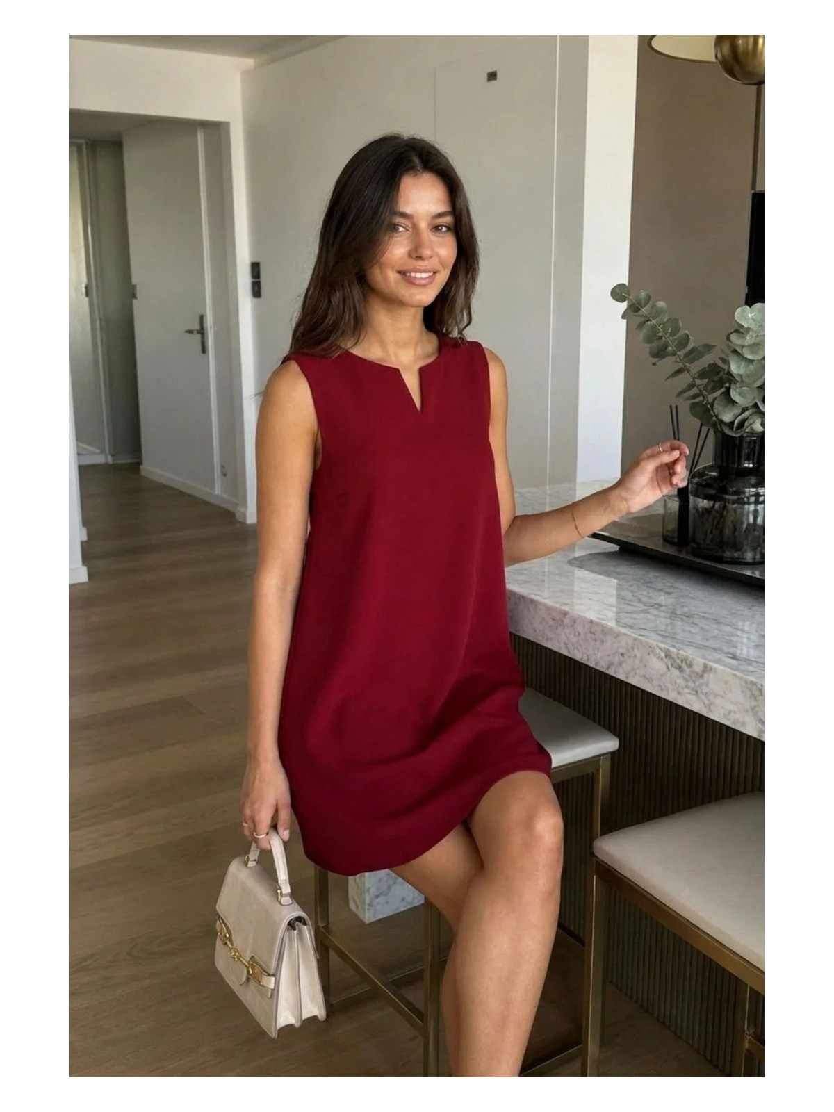 Mossta Kadın Bordo V Yaka Kolsuz Rahat Kesim Mini Elbise - Görsel 3