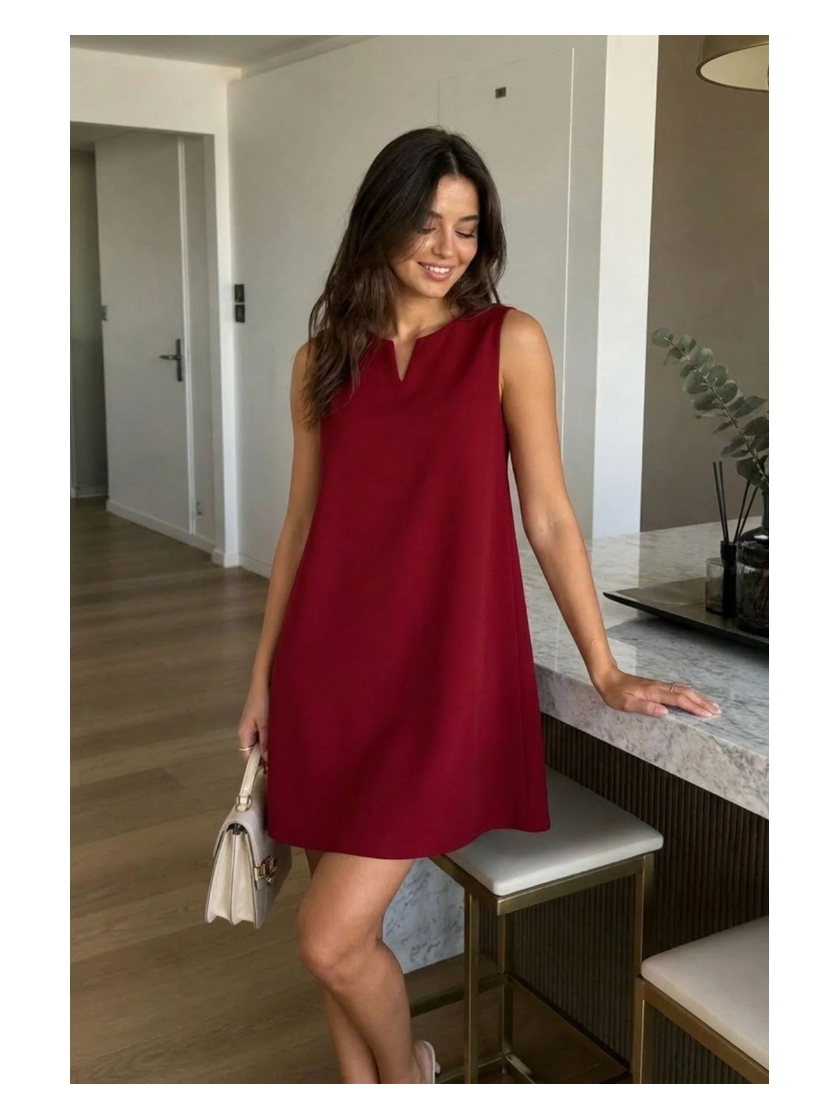 Mossta Kadın Bordo V Yaka Kolsuz Rahat Kesim Mini Elbise - Görsel 5