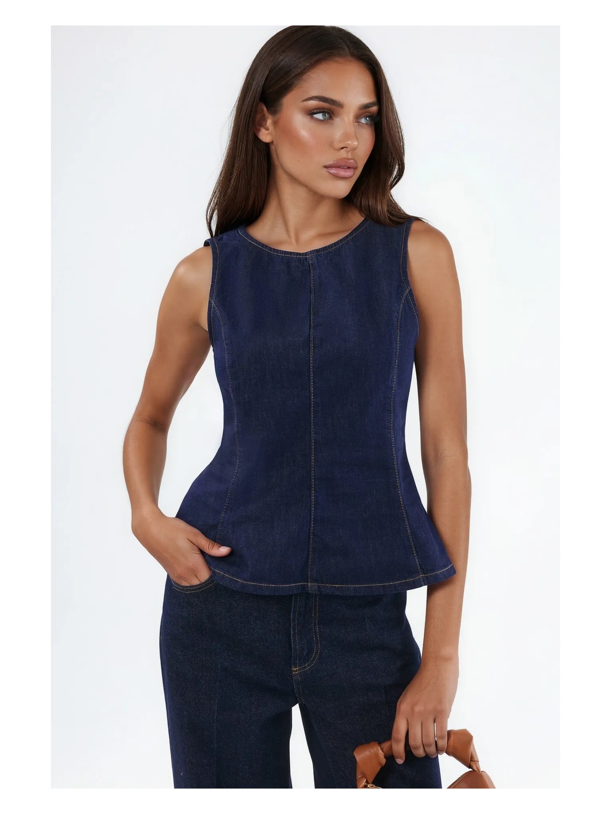 Hiccup Kadınlar Denim Peplum Top Koyu Mavi Denim