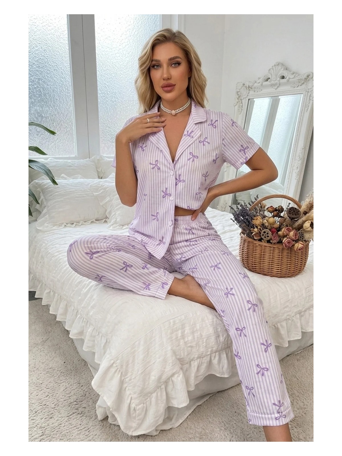 Bella Notte Pembe Soft Fiyonk Desenli Yazlık Pijama Takımı - Görsel 5