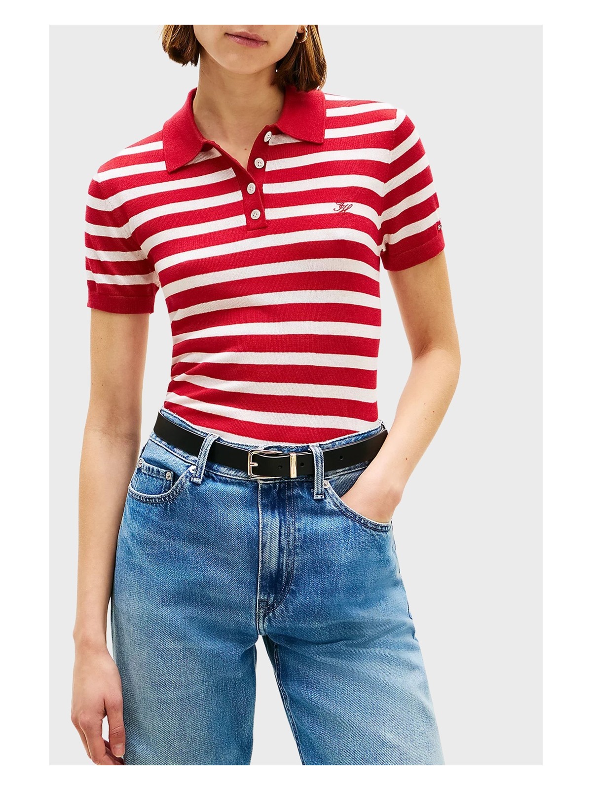 Tommy Hilfiger Çizgili Ipek Karışımlı Kısa Kollu Düğmeli Polo Yaka Kazak Bayan Polo Yaka Kazak WW0WW48503 04W