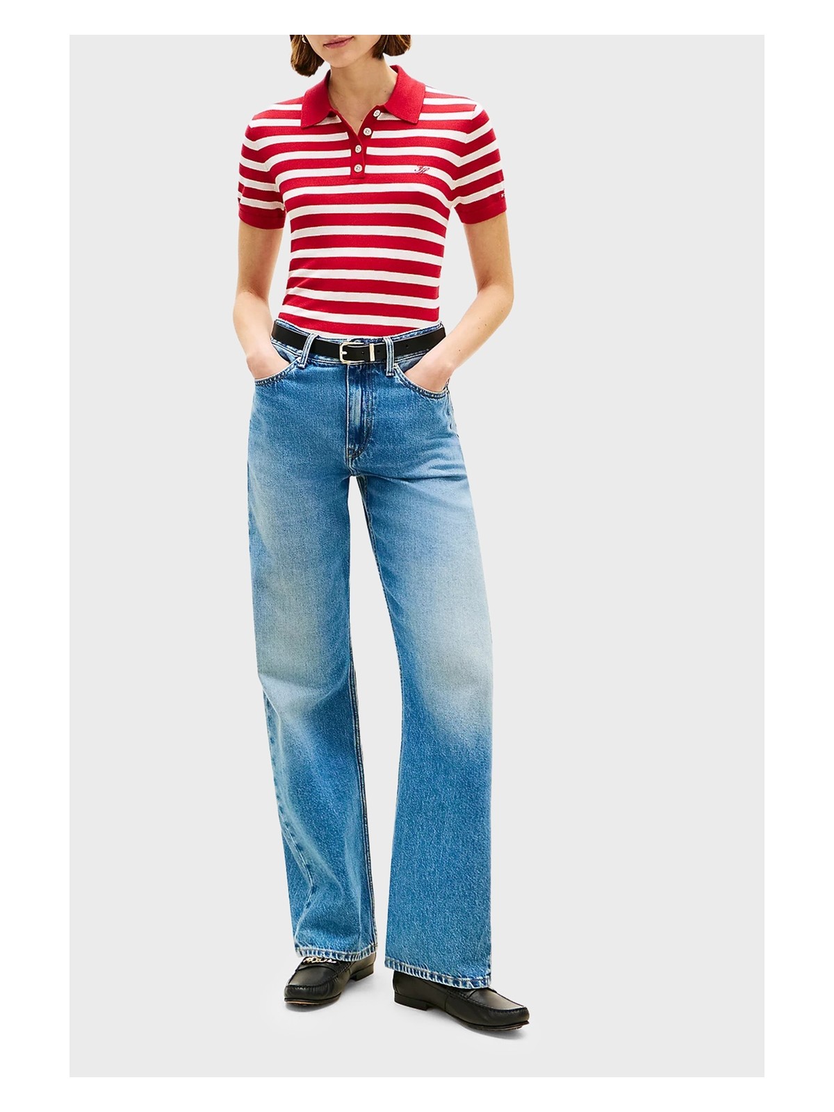 Tommy Hilfiger Çizgili Ipek Karışımlı Kısa Kollu Düğmeli Polo Yaka Kazak Bayan Polo Yaka Kazak WW0WW48503 04W - Görsel 2