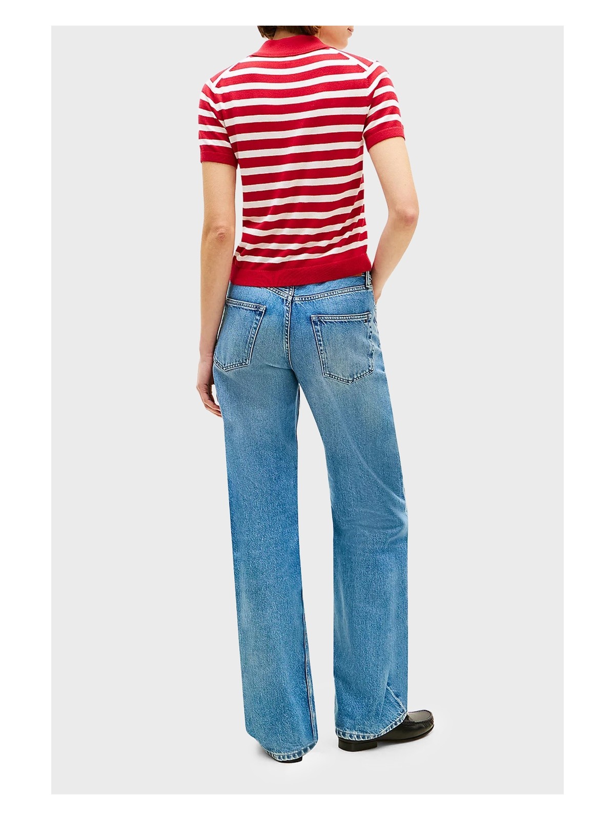 Tommy Hilfiger Çizgili Ipek Karışımlı Kısa Kollu Düğmeli Polo Yaka Kazak Bayan Polo Yaka Kazak WW0WW48503 04W - Görsel 3