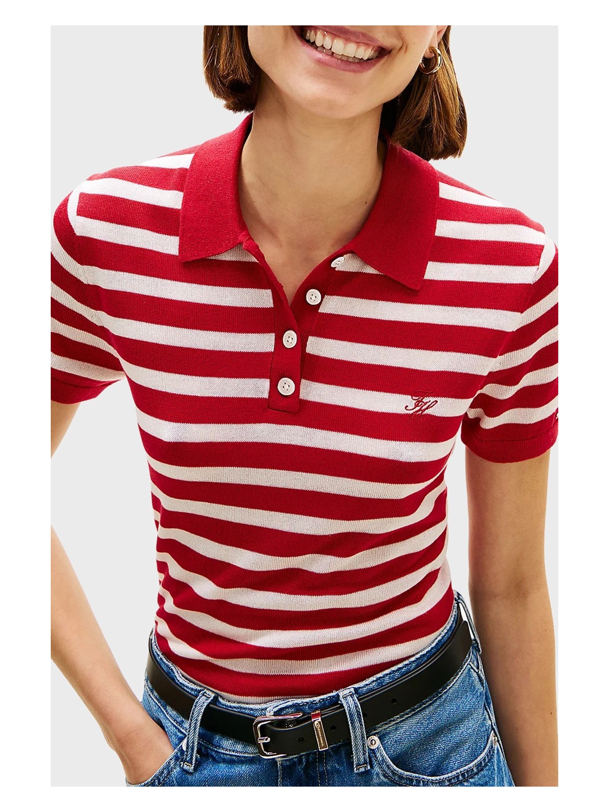 Tommy Hilfiger Çizgili Ipek Karışımlı Kısa Kollu Düğmeli Polo Yaka Kazak Bayan Polo Yaka Kazak WW0WW48503 04W - Görsel 4