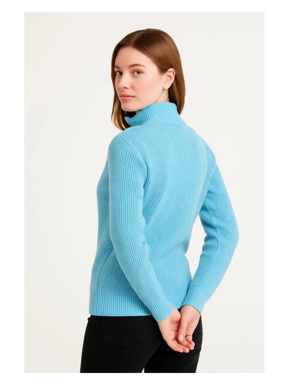 Marsilyan - Kadın Yarım Fermuarlı Triko Kazak – Selanik Örgü, Dik Yaka, Pamuklu Dokuma, Oversize Uzun Kollu Kışlık Model - Bebe Mavisi - Görsel 3