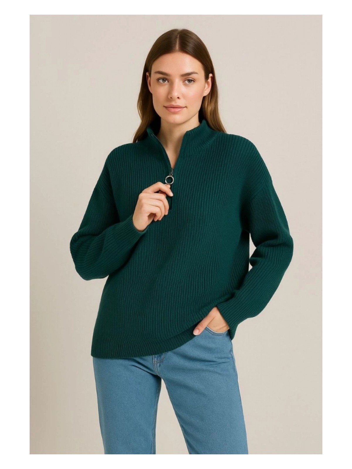 Marsilyan - Kadın Yarım Fermuarlı Triko Kazak – Selanik Örgü, Dik Yaka, Pamuklu Dokuma, Oversize Uzun Kollu Kışlık Model - Haki