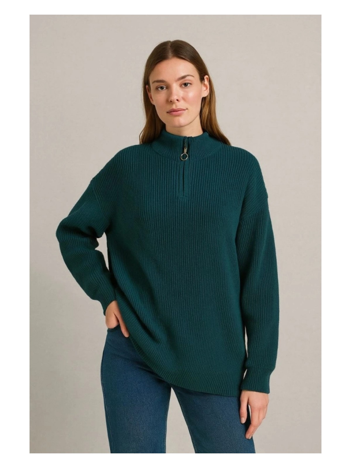 Marsilyan - Kadın Yarım Fermuarlı Triko Kazak – Selanik Örgü, Dik Yaka, Pamuklu Dokuma, Oversize Uzun Kollu Kışlık Model - Haki - Görsel 2