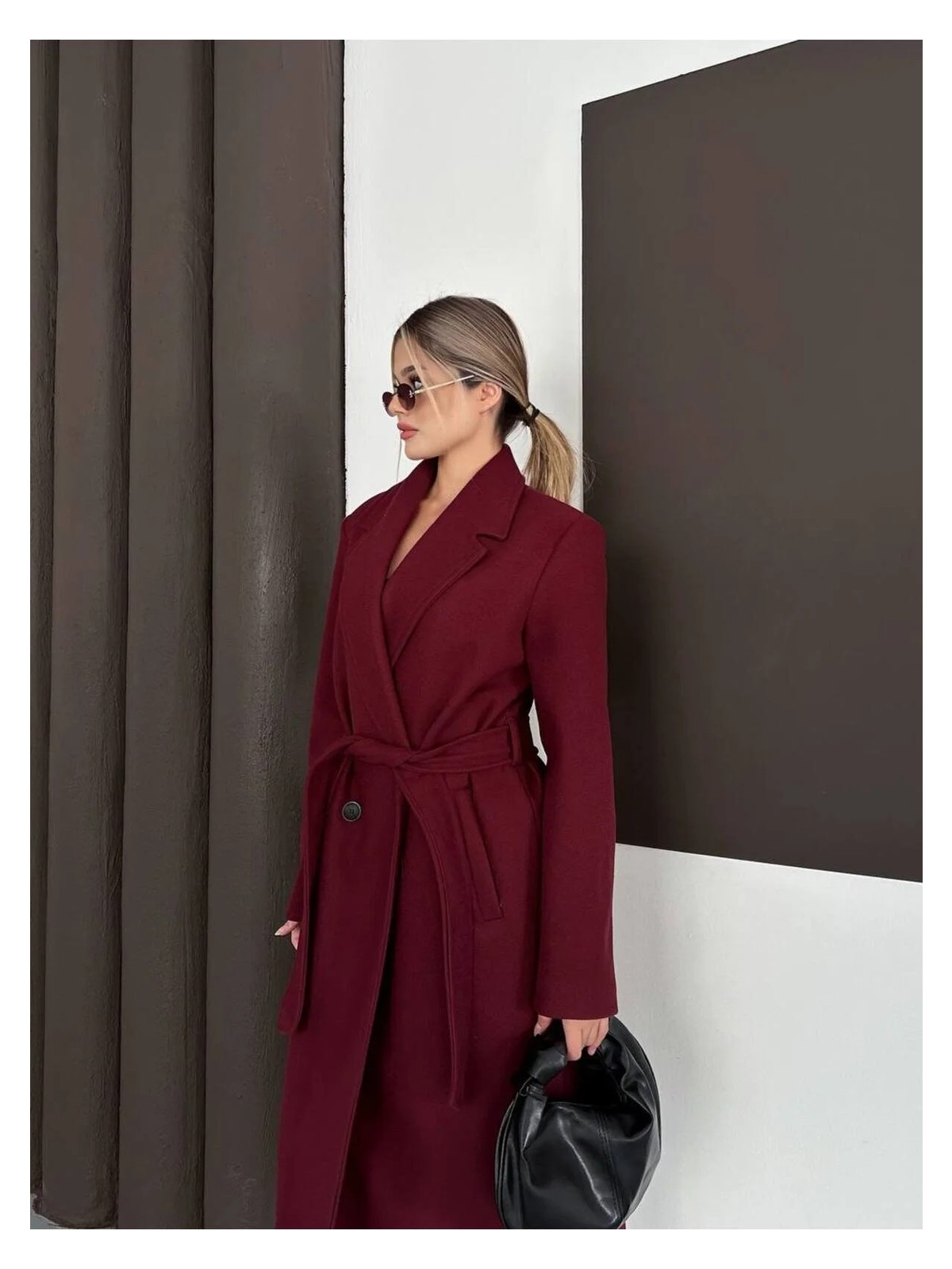 Zf Butik Kadın Kaşe Kaban Bordo Beli Kuşaklı