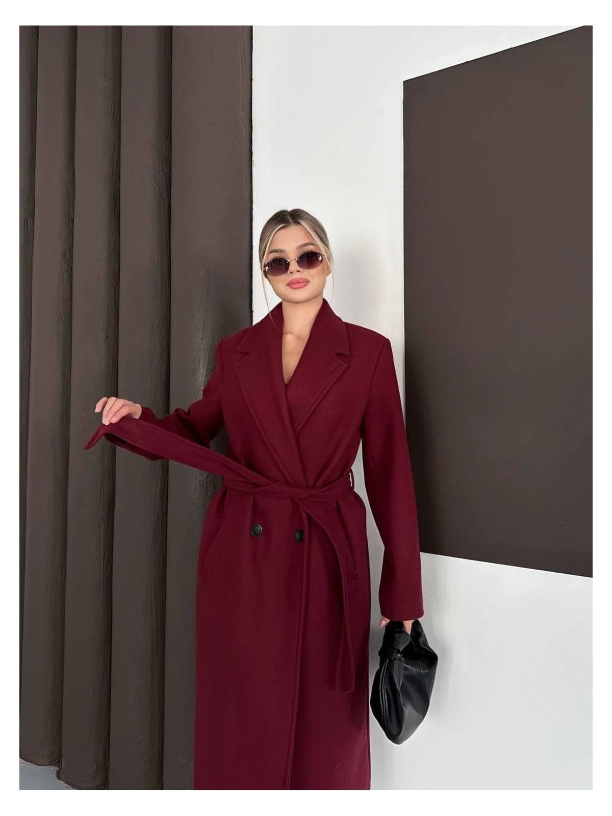 Zf Butik Kadın Kaşe Kaban Bordo Beli Kuşaklı - Görsel 2