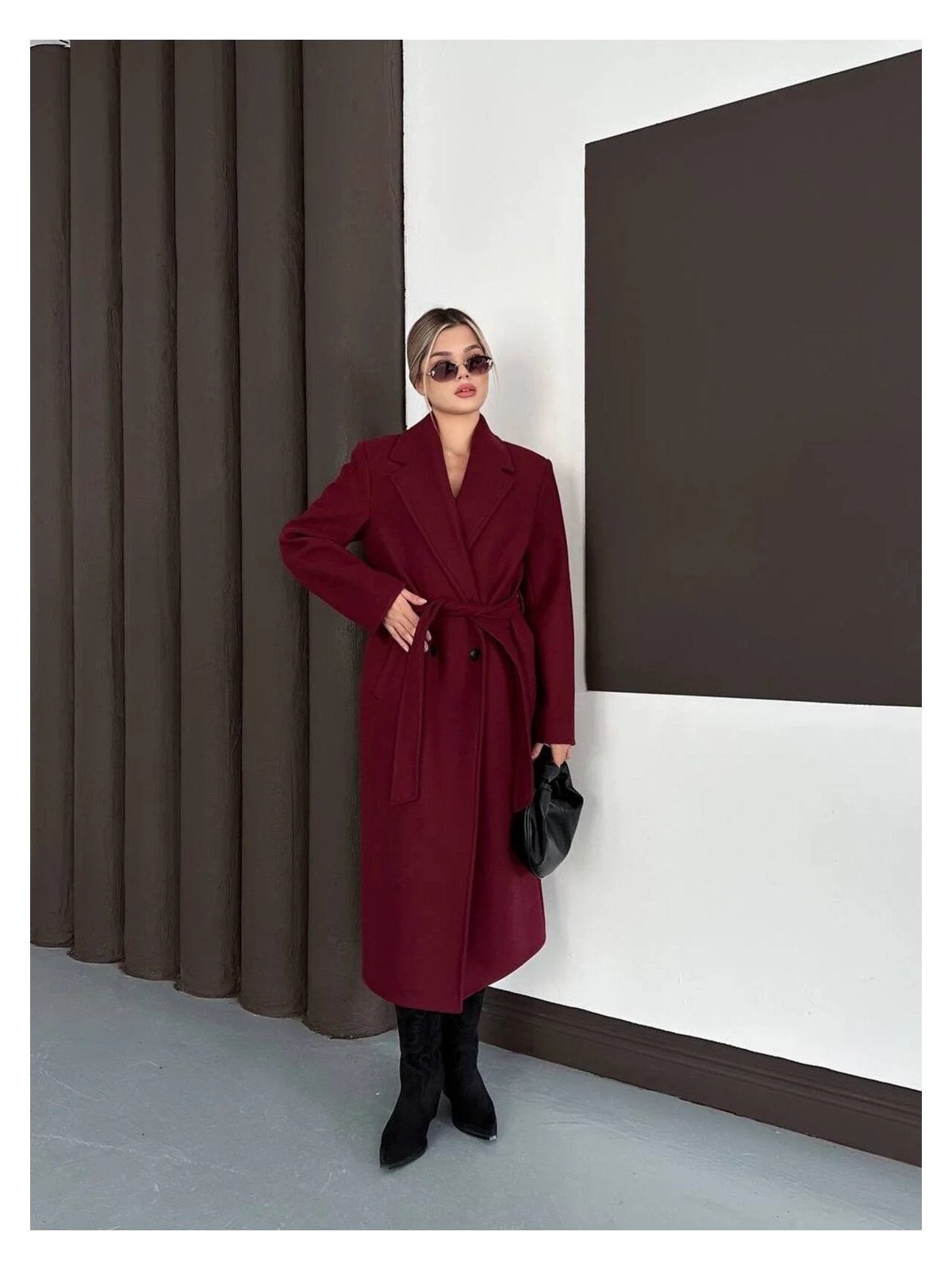 Zf Butik Kadın Kaşe Kaban Bordo Beli Kuşaklı - Görsel 3