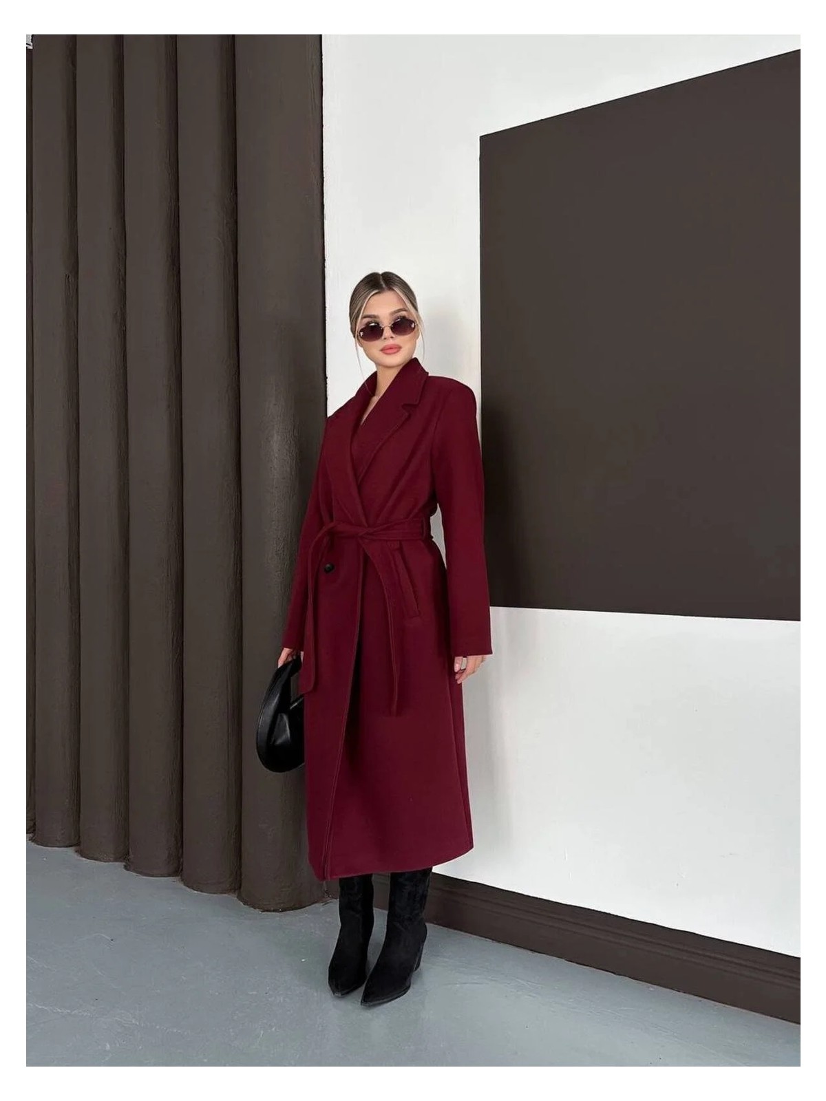 Zf Butik Kadın Kaşe Kaban Bordo Beli Kuşaklı - Görsel 4