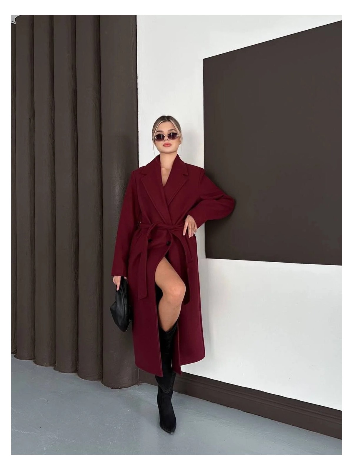 Zf Butik Kadın Kaşe Kaban Bordo Beli Kuşaklı - Görsel 5