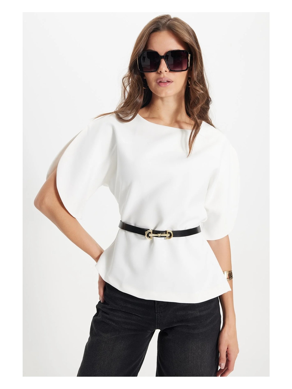 Tudors Kadın Slim Fit Dar Kesim Kol Detaylı Ince Kemerli Fermuarlı Beyaz Bluz Gömlek