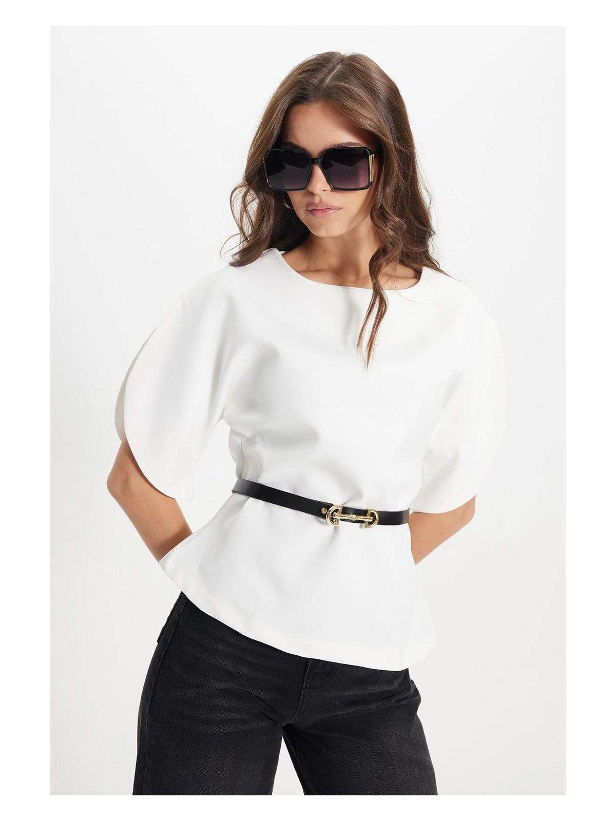 Tudors Kadın Slim Fit Dar Kesim Kol Detaylı Ince Kemerli Fermuarlı Beyaz Bluz Gömlek - Görsel 4