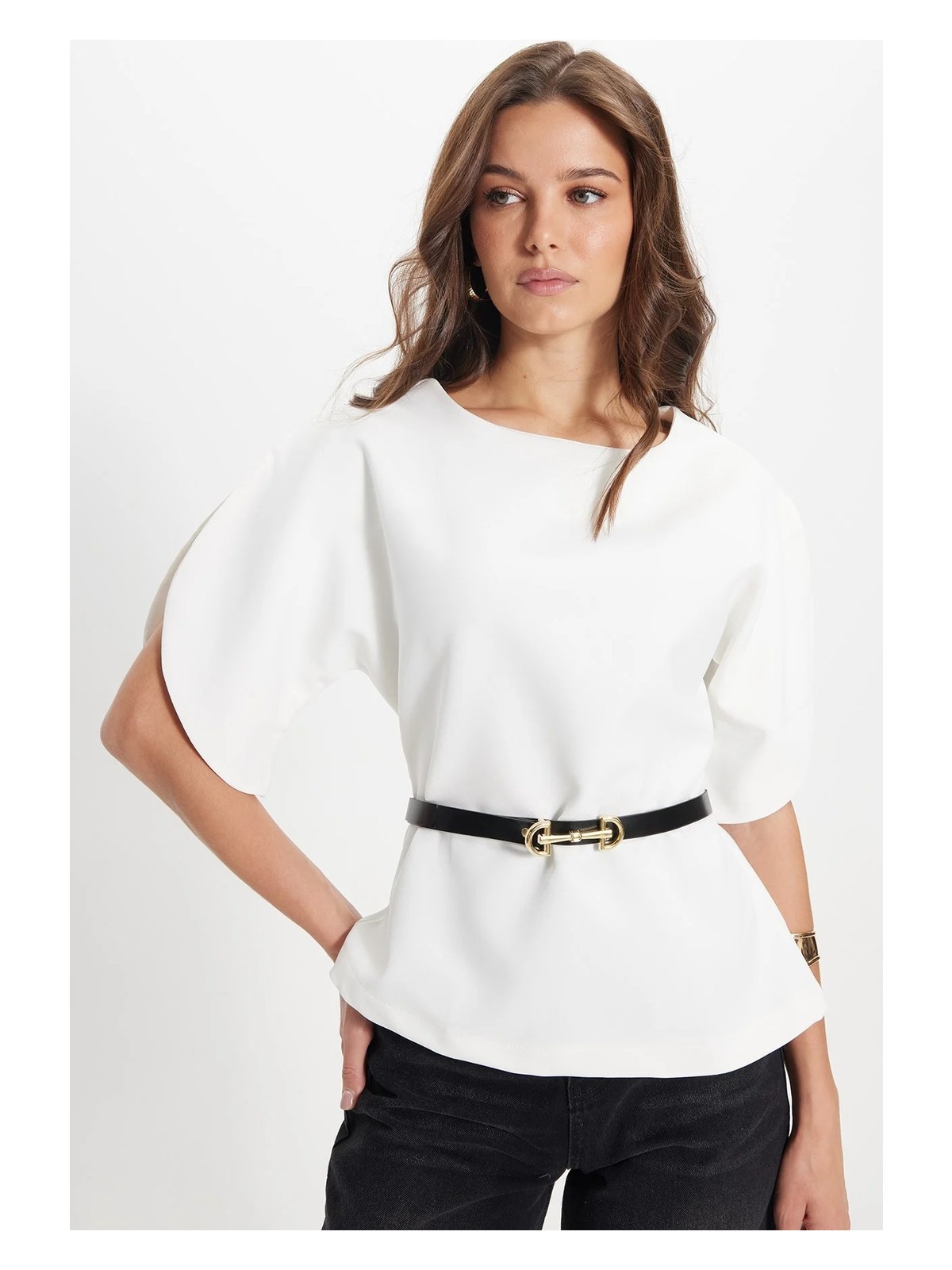 Tudors Kadın Slim Fit Dar Kesim Kol Detaylı Ince Kemerli Fermuarlı Beyaz Bluz Gömlek - Görsel 8