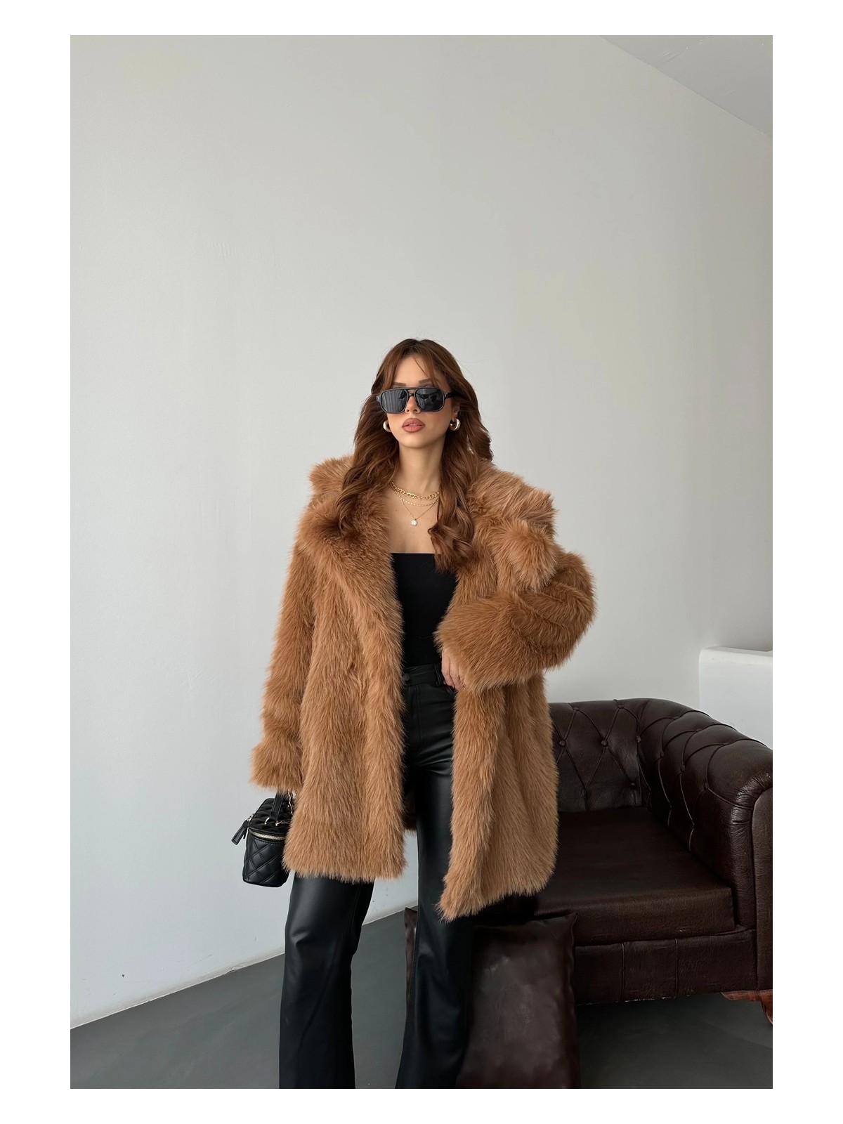My Loore Kadın Taba Oversize Premium Kürk Kaban MLB106 - Görsel 4