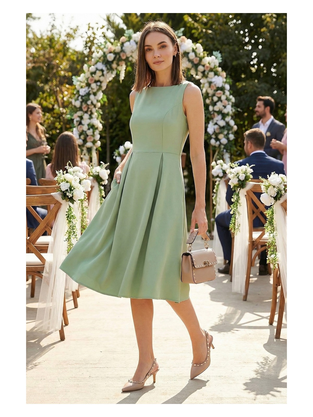 Lela Regular Fit Bisiklet Yaka Cepli Pileli Midi Boy Abiye Elbise Bayan Elbise 6111963