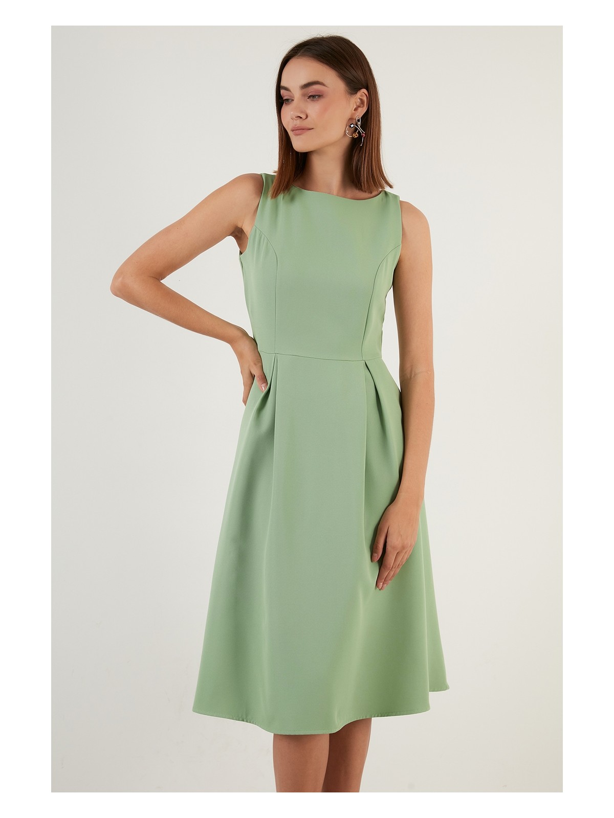 Lela Regular Fit Bisiklet Yaka Cepli Pileli Midi Boy Abiye Elbise Bayan Elbise 6111963 - Görsel 2
