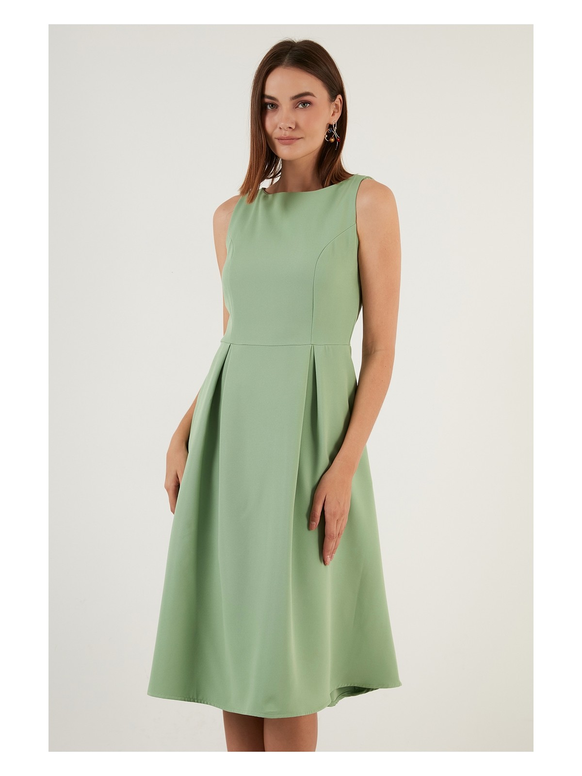 Lela Regular Fit Bisiklet Yaka Cepli Pileli Midi Boy Abiye Elbise Bayan Elbise 6111963 - Görsel 4