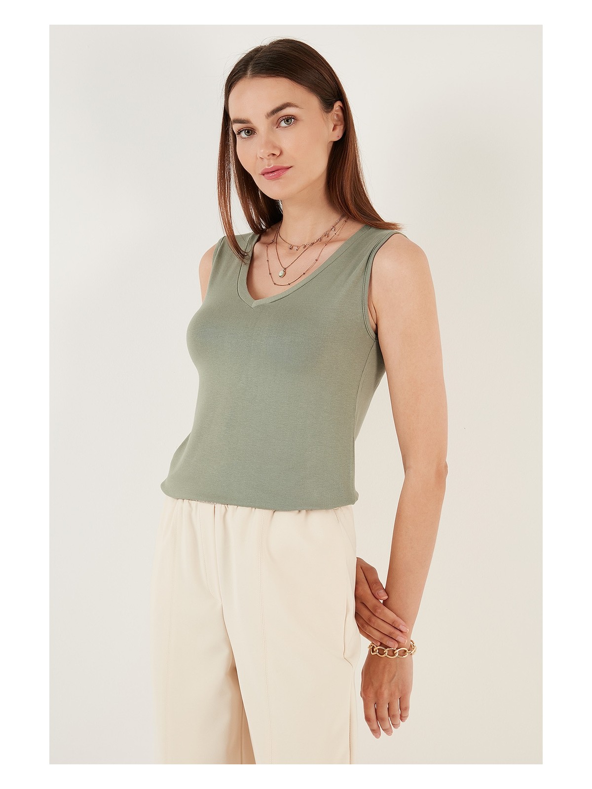 Lela Slim Fit V Yaka Kalın Askılı 2' Li Paket Bluz Bayan Bluz 5864384S2 - Görsel 3