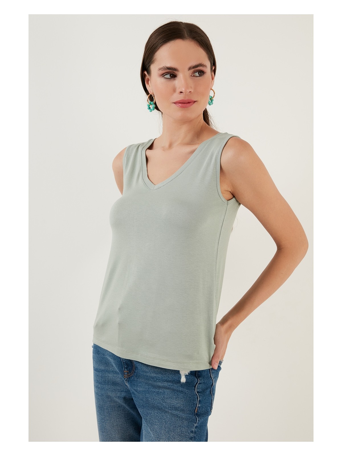 Lela Slim Fit V Yaka Kalın Askılı 2' Li Paket Bluz Bayan Bluz 5864384S2 - Görsel 3
