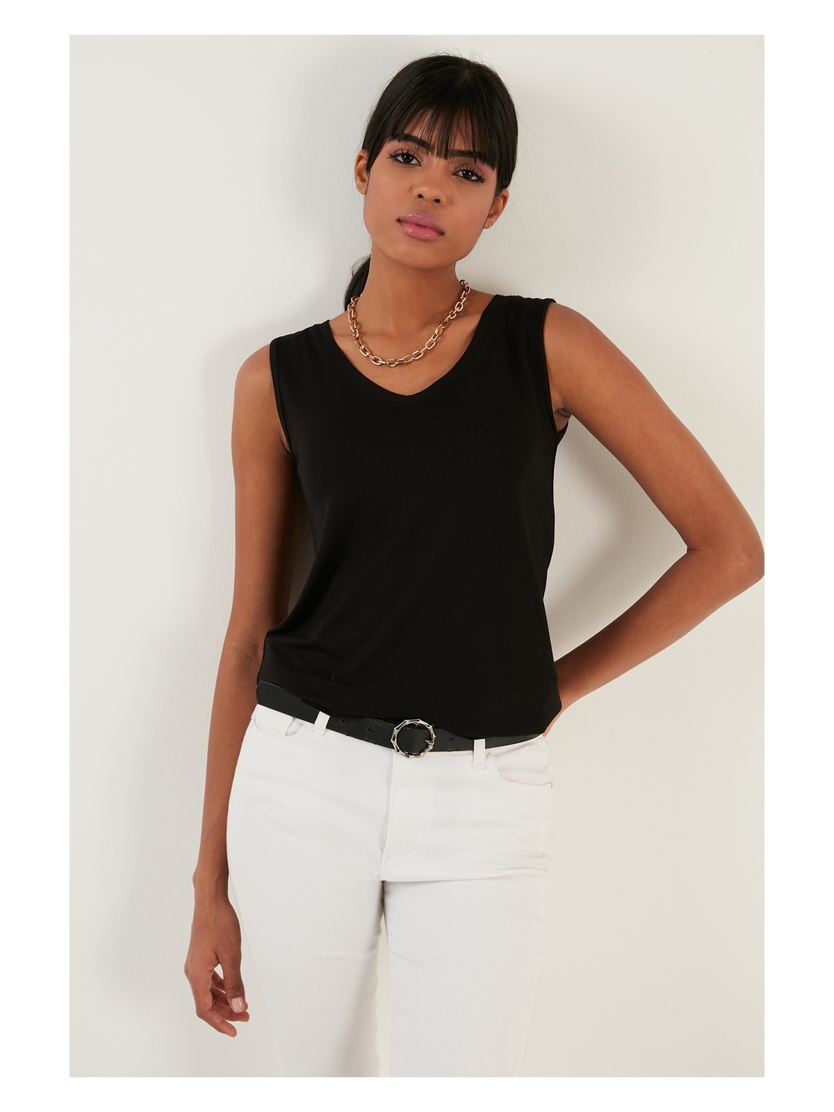 Lela Slim Fit V Yaka Kalın Askılı 2' Li Paket Bluz Bayan Bluz 5864384S2 - Görsel 3