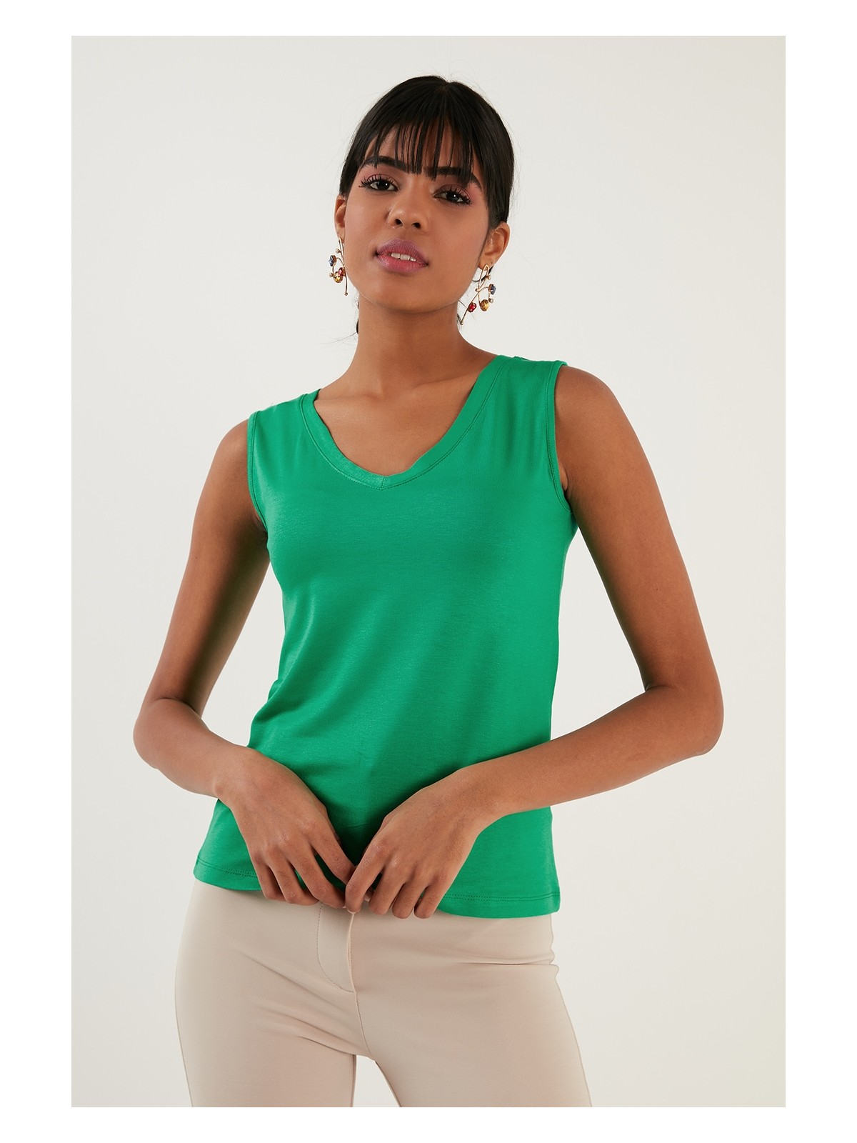 Lela Slim Fit V Yaka Kalın Askılı 2' Li Paket Bluz Bayan Bluz 5864384S2 - Görsel 2