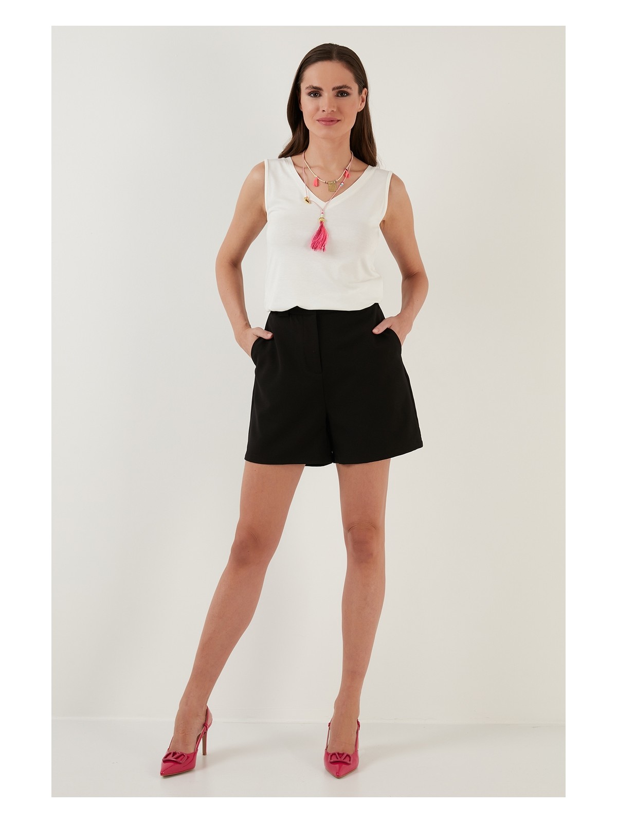 Lela Slim Fit V Yaka Kalın Askılı 2' Li Paket Bluz Bayan Bluz 5864384S2 - Görsel 4