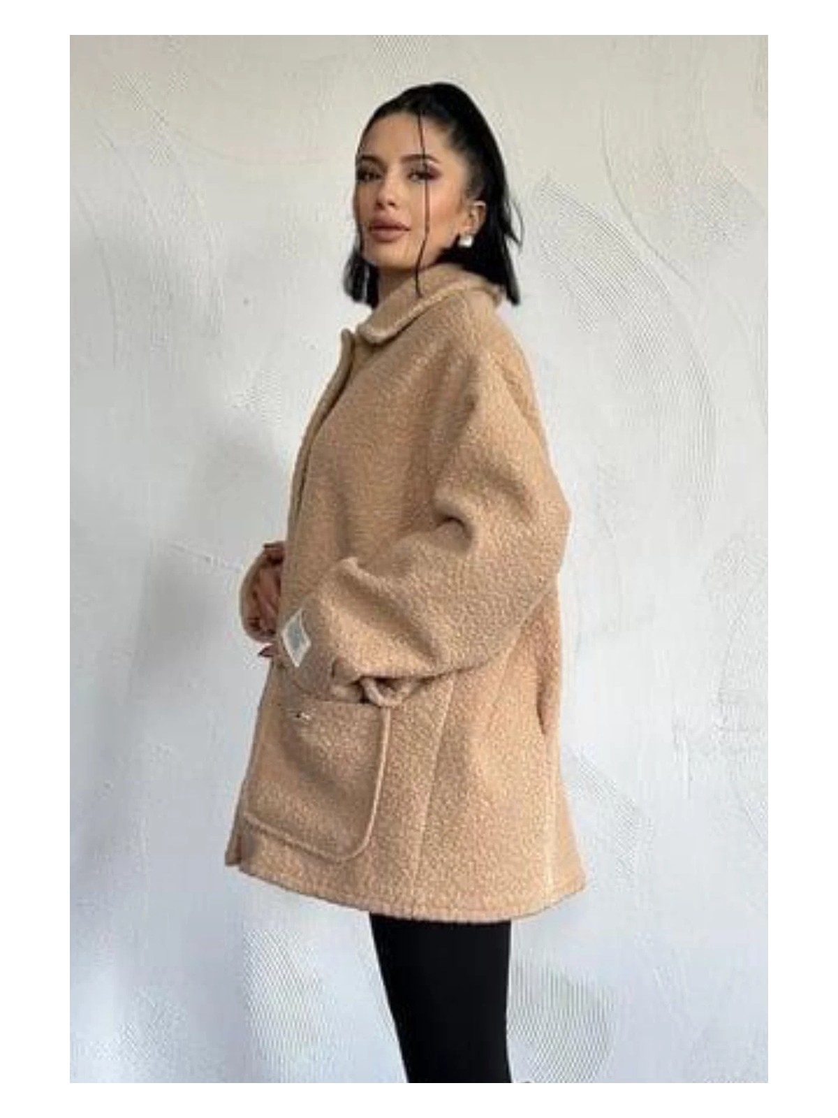 Ded Collection Kadın Cep Kapaklı Düğme Detaylı Yumoş Kumaş Astarlı Teddy Tarz Oversize Kaban Ceket - Görsel 3