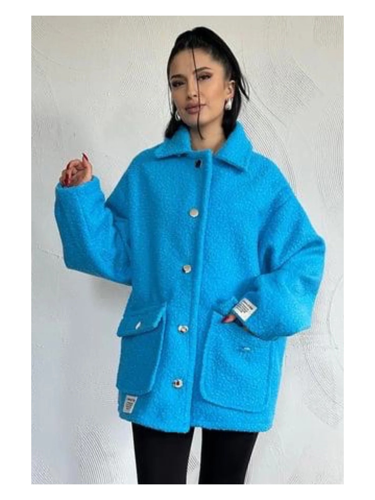 Ded Collection Kadın Cep Kapaklı Düğme Detaylı Yumoş Kumaş Astarlı Teddy Tarz Oversize Kaban Ceket - Görsel 2