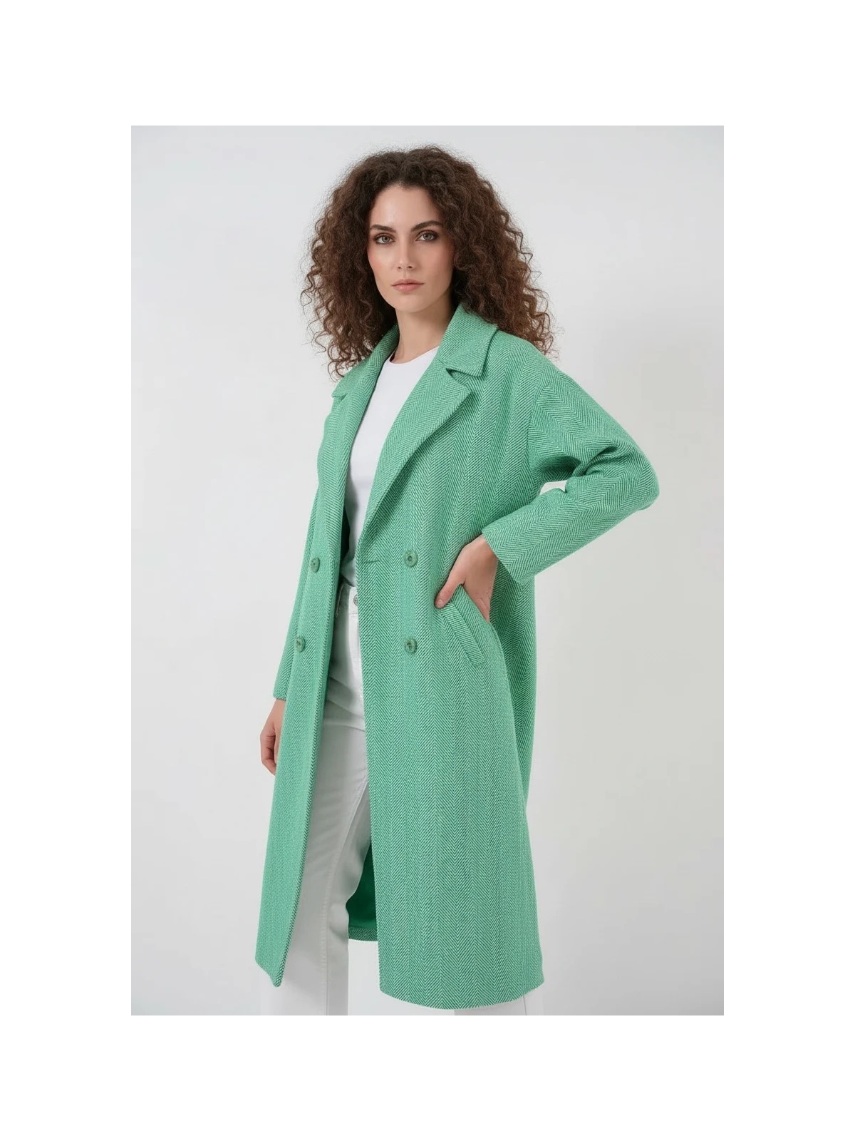 buğrahayalin Kadın Geniş Yaka Oversize Balıksırtı Desenli Kaşe Yeşil Kaban - Görsel 2