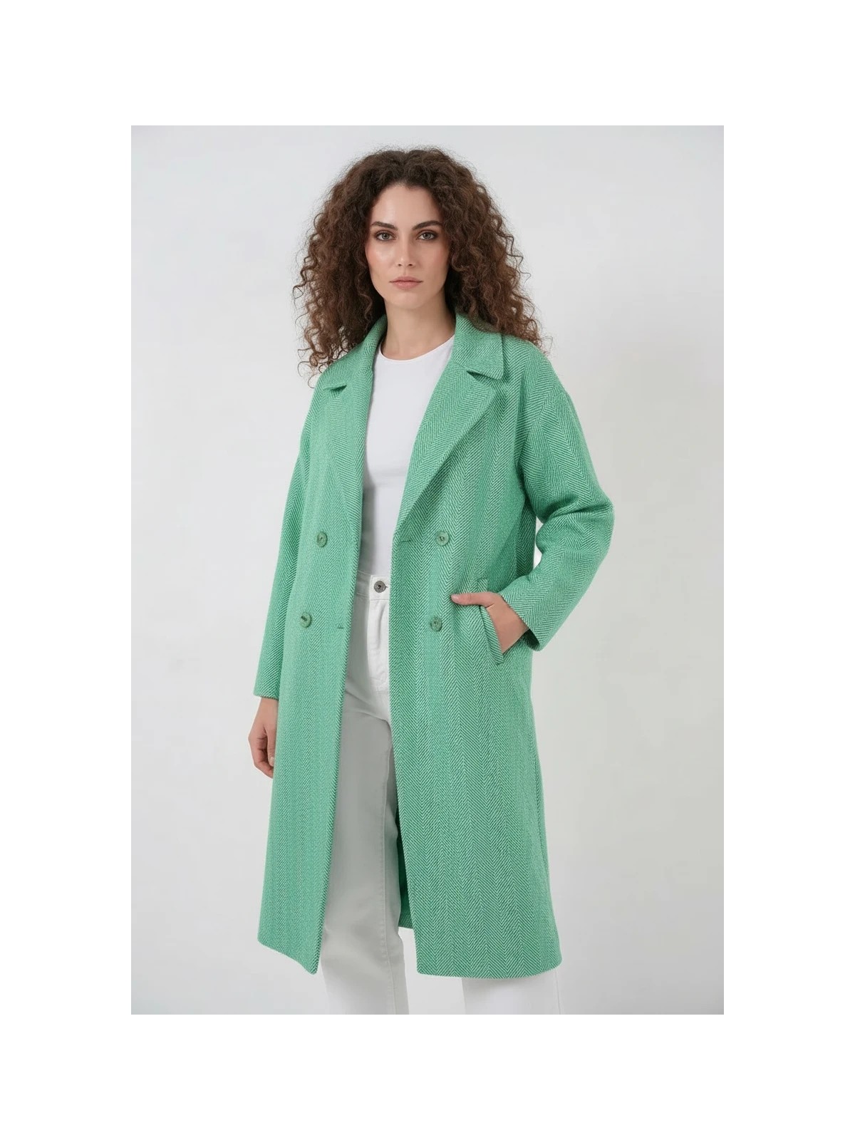 buğrahayalin Kadın Geniş Yaka Oversize Balıksırtı Desenli Kaşe Yeşil Kaban - Görsel 5